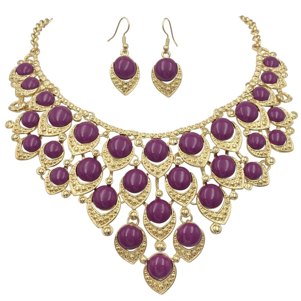 Purple Chunky Dot Bib Statement Necklace Earrings Set